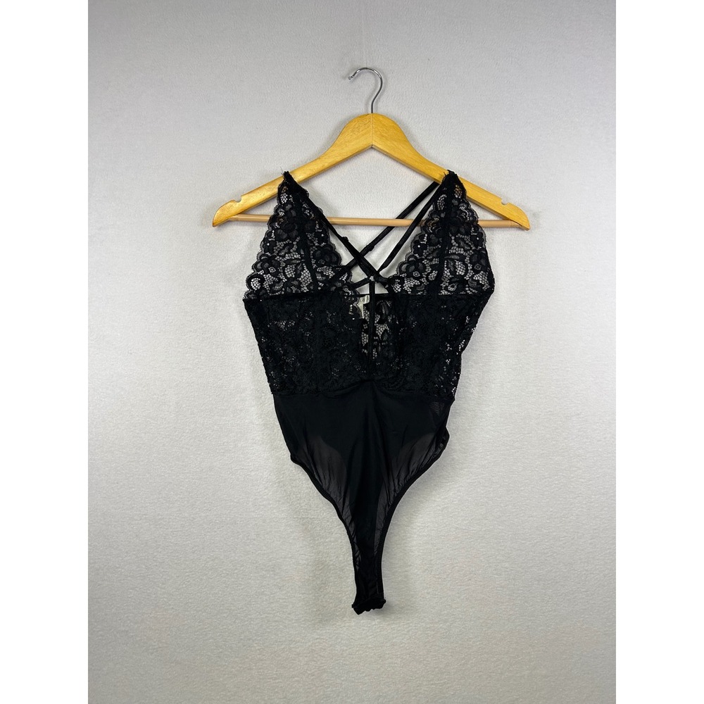 BOZZOLO Black Lace Back Cross Teddy Bodysuit Thong Women's Small